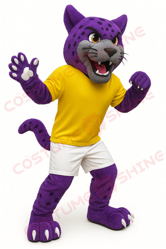 Purple Panther Mascot Costume with Yellow Shirt – Custom Plush Animal Suit for School Sports Teams and Events