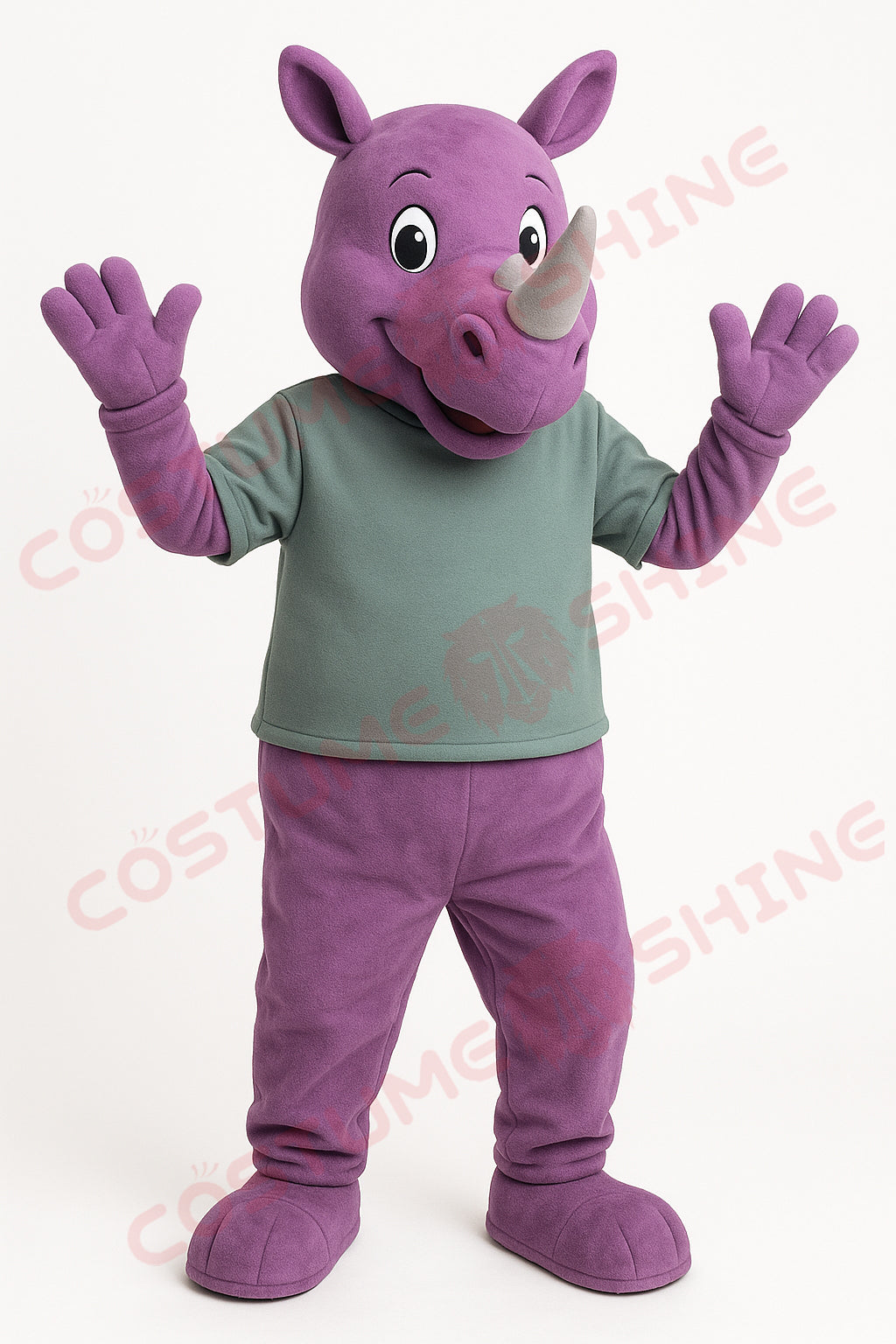 Purple Rhino Mascot Costume with Green Shirt – Custom Plush Suit for School Sports Teams & Promotional Events