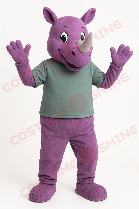 Purple Rhino Mascot Costume with Green Shirt – Custom Plush Suit for School Sports Teams & Promotional Events