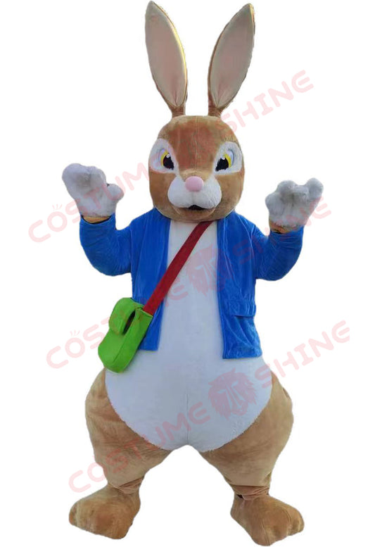 Brown Bunny Mascot Costume with Blue Jacket and Green Bag – Easter Rabbit Mascot for Events & Promotions