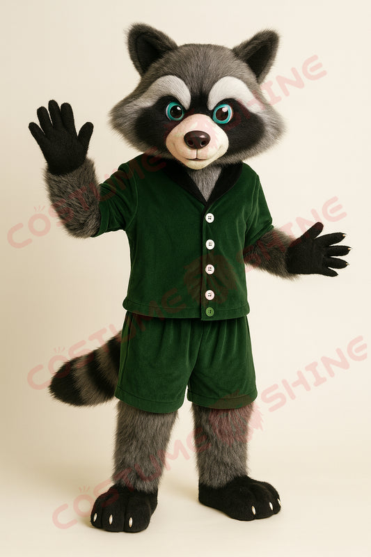 Raccoon Mascot Costume in Dark Green Outfit – Soft Plush Animal Suit for School or Team Events