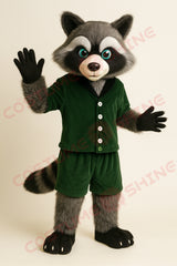 Raccoon Mascot Costume in Dark Green Outfit – Soft Plush Animal Suit for School or Team Events