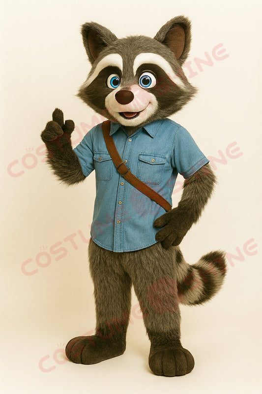 Raccoon Mascot Costume with Denim Shirt and Shoulder Bag – Custom Plush Animal Suit for Schools & Events