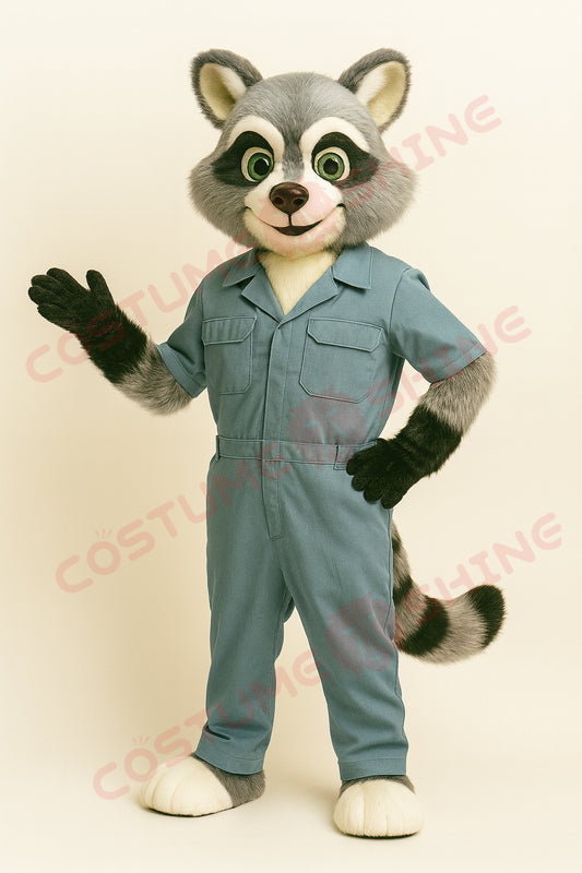 Raccoon Mascot Costume in Light Blue Jumpsuit – Custom Plush Animal Suit for Schools and Events