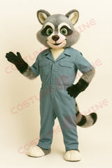 Raccoon Mascot Costume in Light Blue Jumpsuit – Custom Plush Animal Suit for Schools and Events