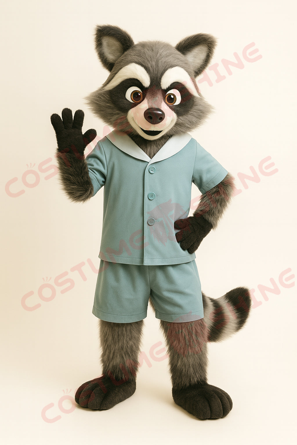 Raccoon Mascot Costume in Light Blue Outfit – Custom Plush Animal Suit for School Teams & Events