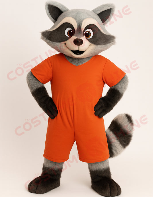 Raccoon Mascot Costume in Orange Jumpsuit – Custom Plush Animal Suit for Schools, Teams & Events