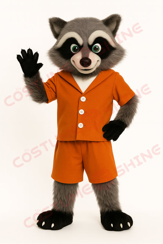 Raccoon Mascot Costume in Orange Outfit – Custom Plush Animal Suit for School Teams & Business Events