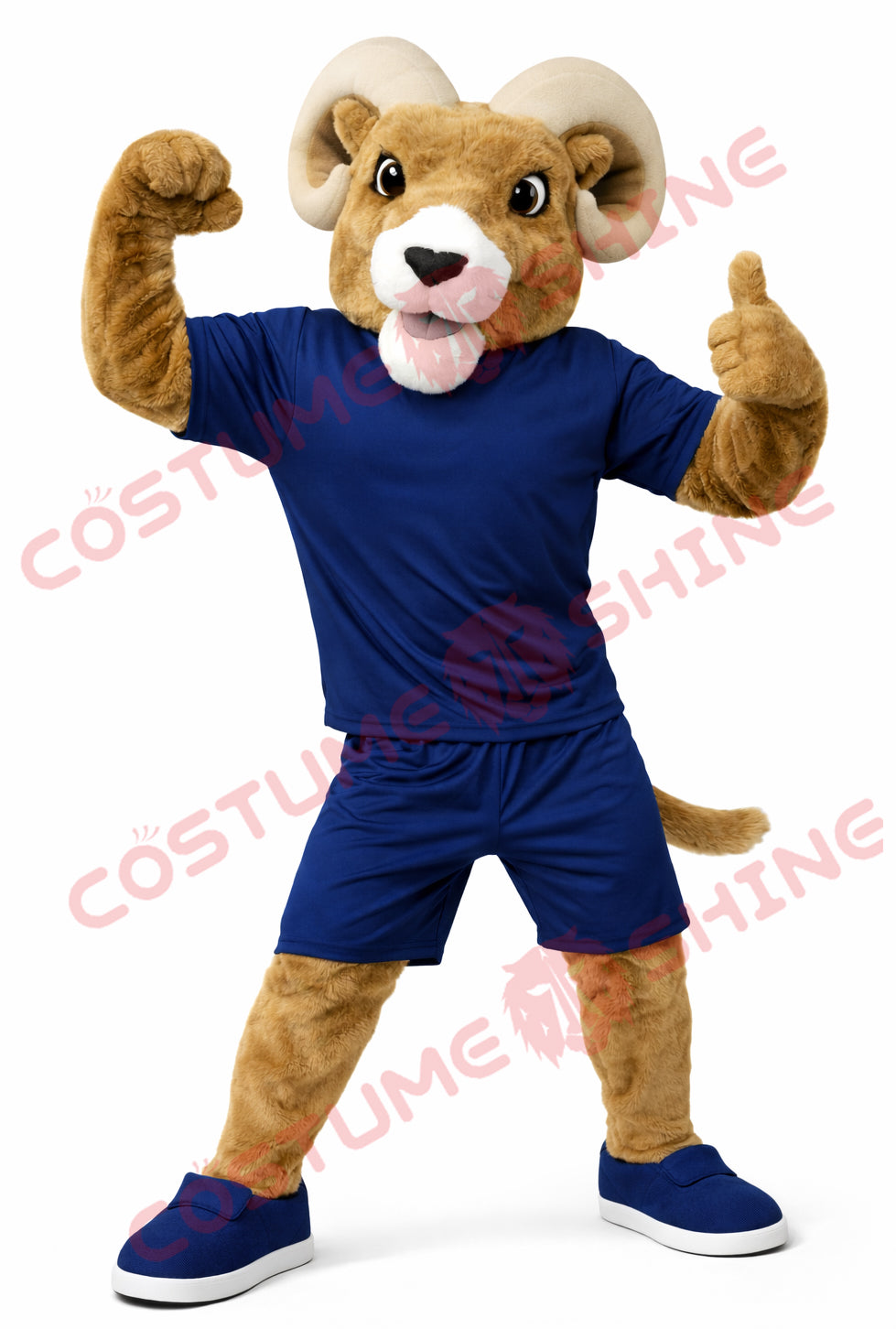 Ram Mascot Costume Adult Blue Sports Uniform Power Pose