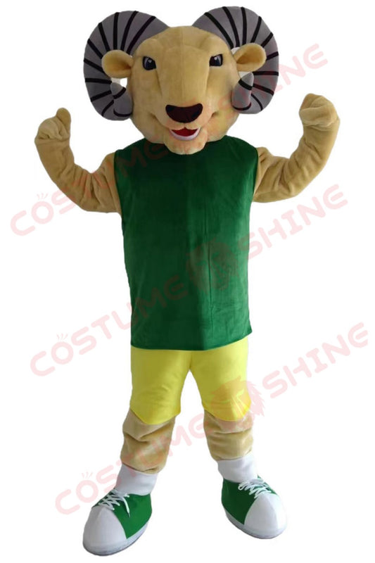 Ram Mascot Costume for Adults – Green and Yellow Sports Uniform with Horned Head