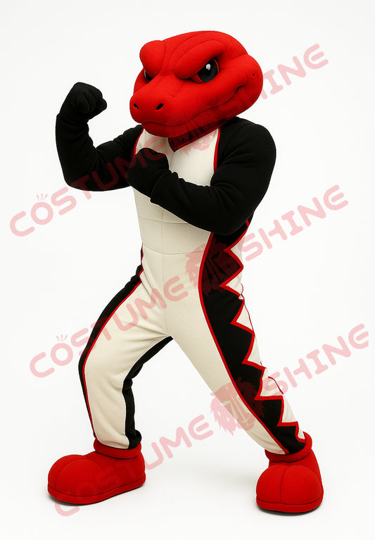 Red and Black Snake Mascot Costume in White Suit Athletic Pose