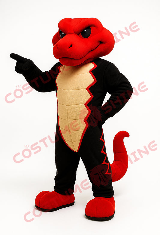 Red and Black Snake Mascot Costume with Beige Belly and Pointing Pose