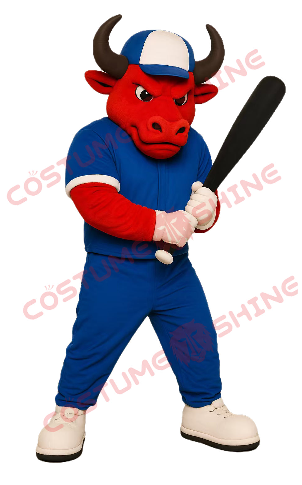 Red Bull Mascot Costume in Blue Baseball Uniform with Bat for Sports Team Events