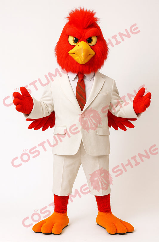 Red Chicken Mascot Costume for Adults in White Formal Suit