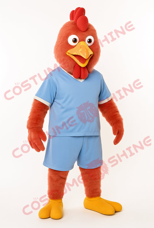 Red Chicken Mascot Costume in Blue Sports Outfit | Funny Animal Suit for Events