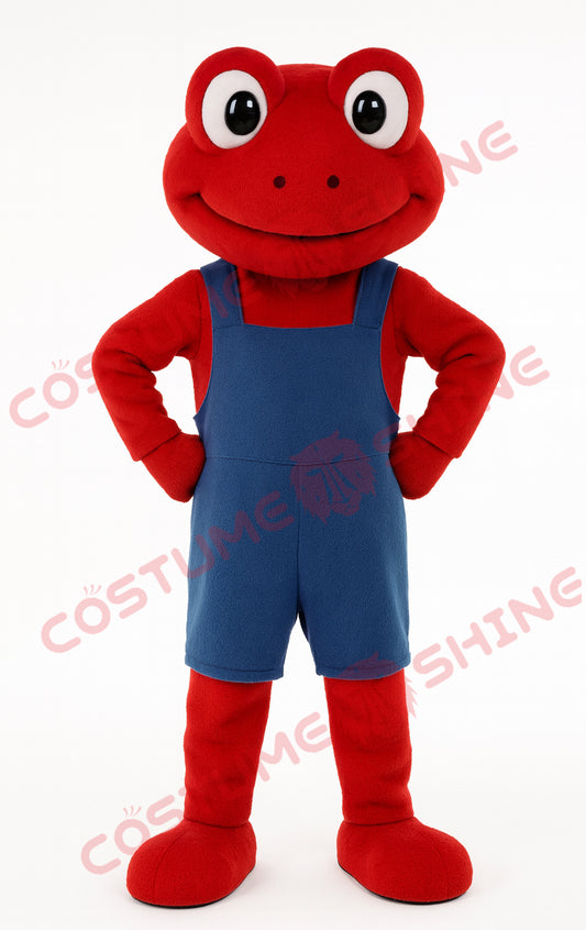 Red Frog Mascot Costume Adult Plush Suit with Blue Overalls Outfit