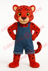 Red Jaguar Mascot Costume in Blue Overalls – Hands-on-Hips Plush Suit