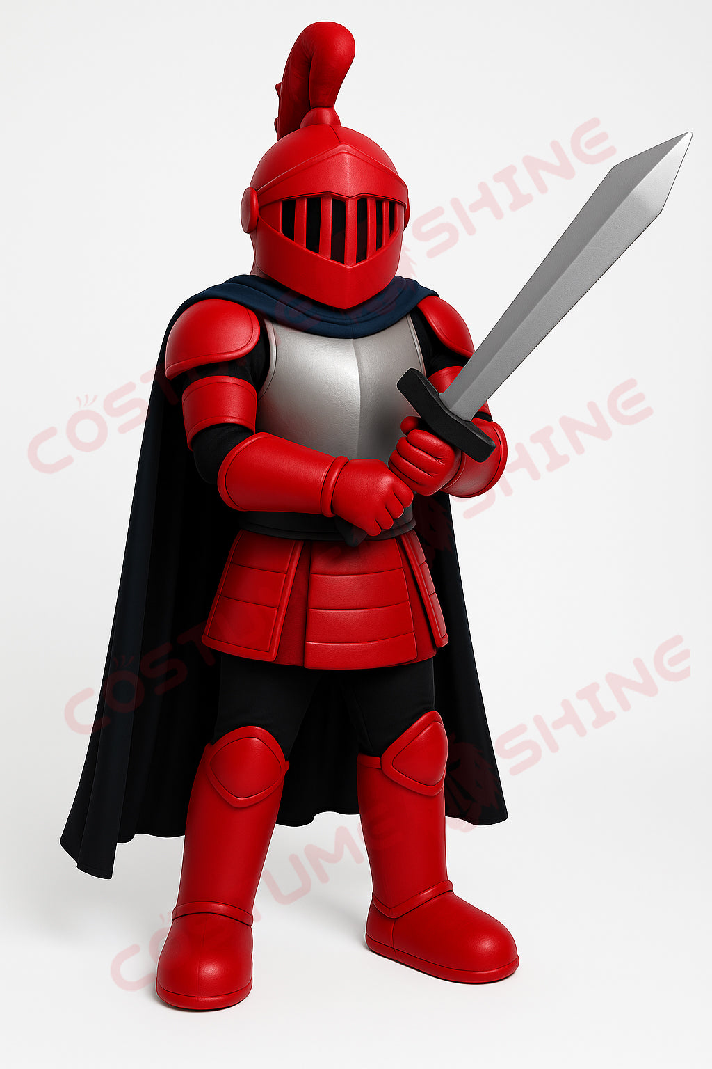 Red Knight Mascot Costume with Black Cape and Sword – Custom School Team Armor Plush Suit