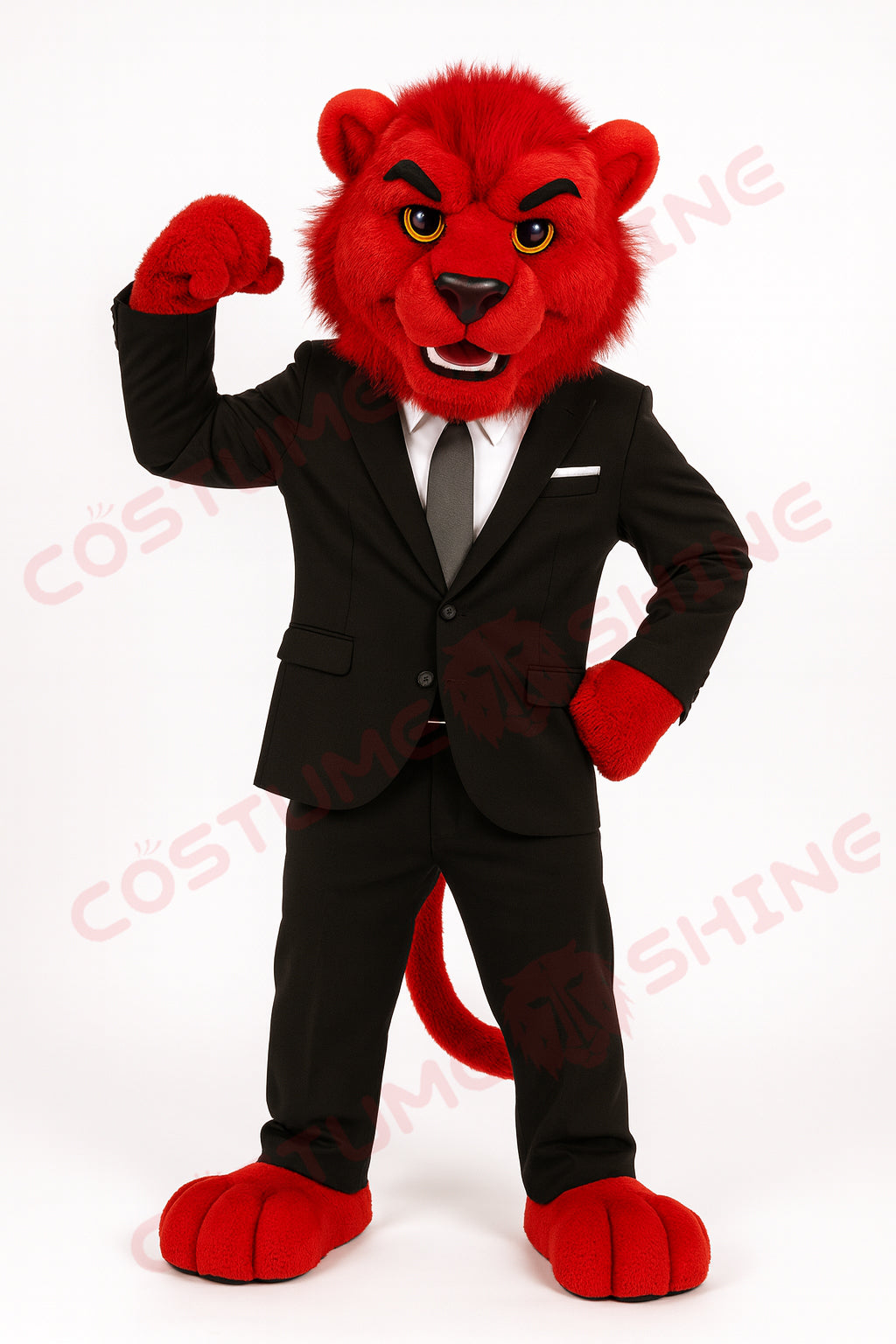 Red Leopard Mascot Costume in Black Suit – Custom Business & Event Mascot Outfit for Adults