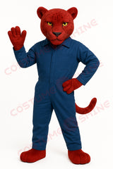 Red Panther Mascot Costume – Custom Handmade Plush Suit with Blue Jumpsuit for School Teams & Business Events