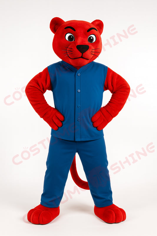 Red Panther Mascot Costume with Blue Uniform – Custom Cat Mascot Suit for School Teams and Events
