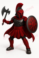 Red Warrior Mascot Costume with Shield and Axe – Custom Battle Armor Plush Suit for School and Events