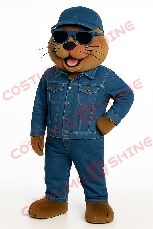 Denim Seal Mascot Costume with Blue Cap and Sunglasses – Adult Size