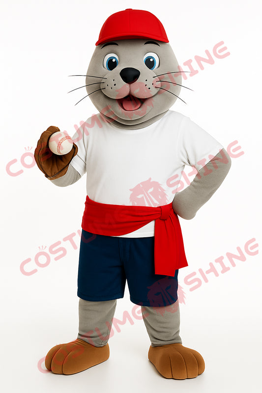 Seal Mascot Costume with Red Hat & Baseball Prop – Custom Plush Suit