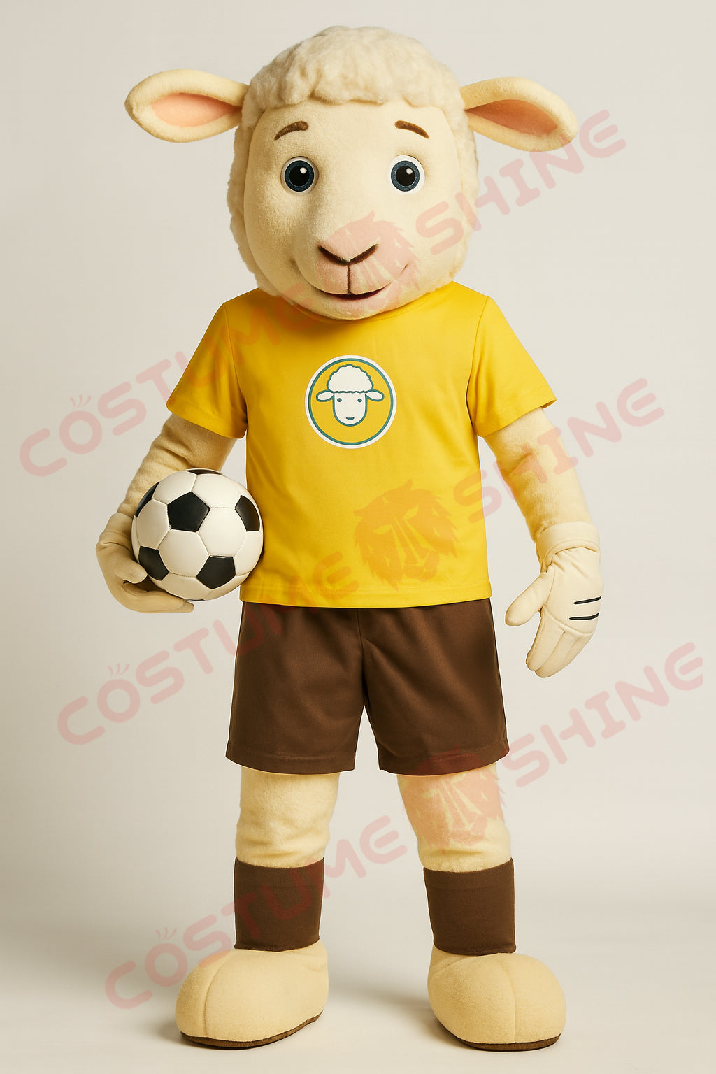 Sheep Mascot Costume – Custom Handmade Plush Suit with Yellow Shirt & Brown Shorts for School, Sports & Events