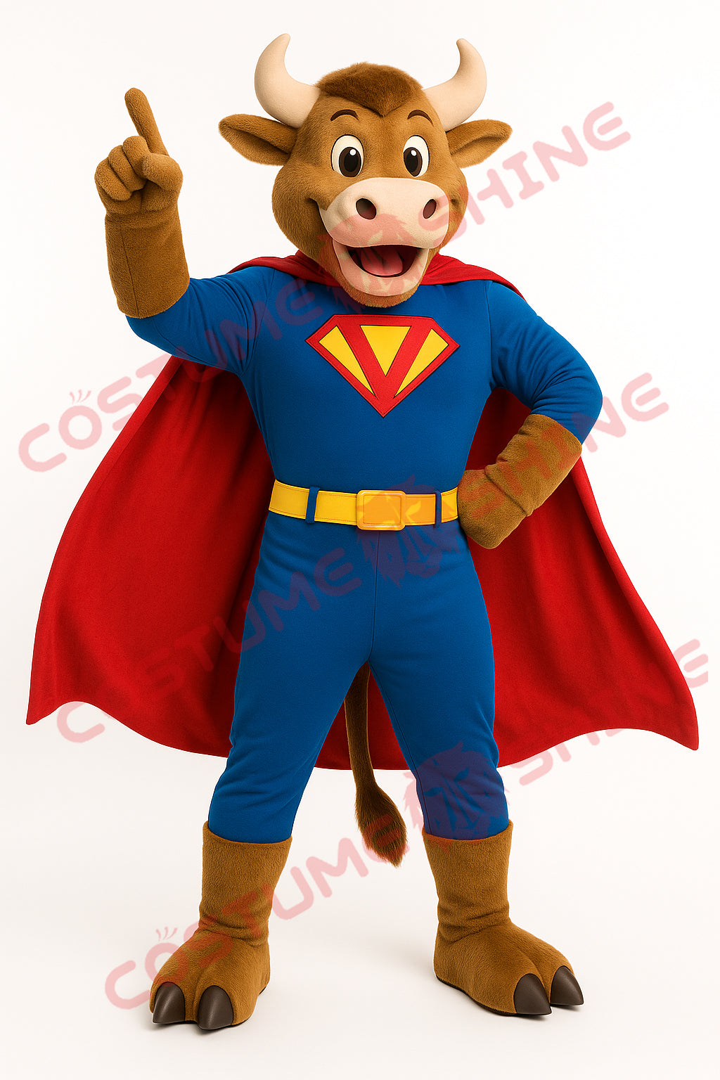 Superhero Bull Mascot Costume in Blue Suit with Red Cape for School and Sports Events