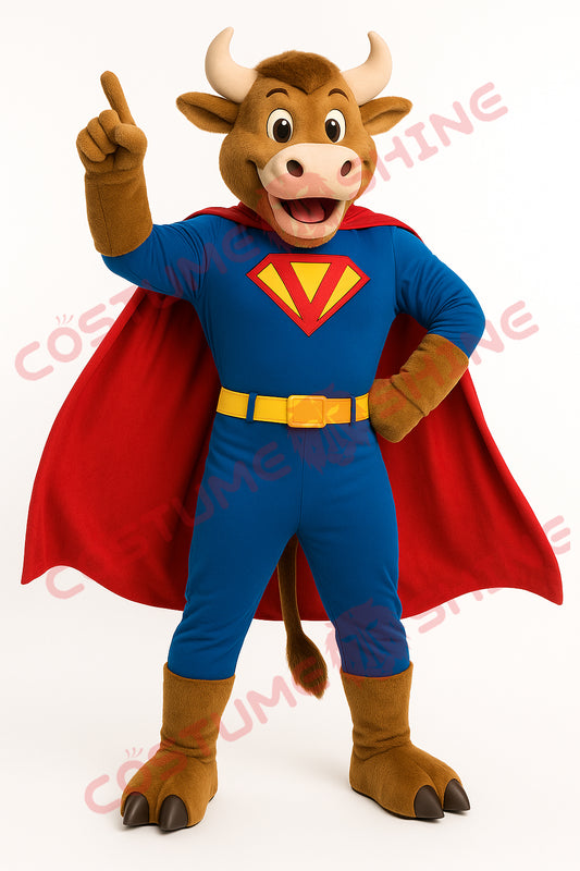 Superhero Bull Mascot Costume in Blue Suit with Red Cape for School and Sports Events