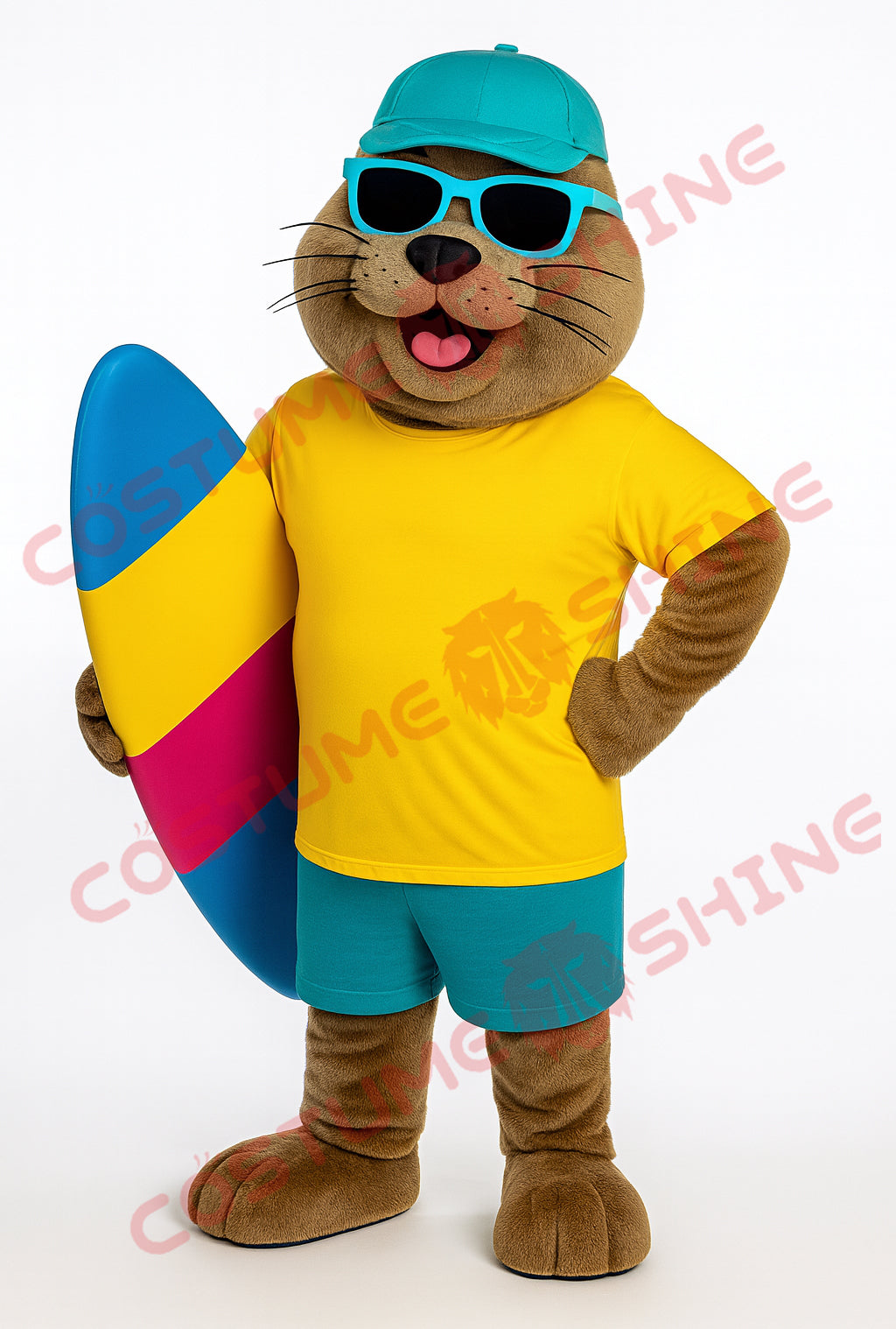 Surfing Seal Mascot Costume with Yellow Shirt & Blue Shorts