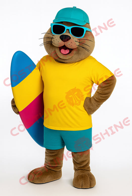 Surfing Seal Mascot Costume with Yellow Shirt & Blue Shorts