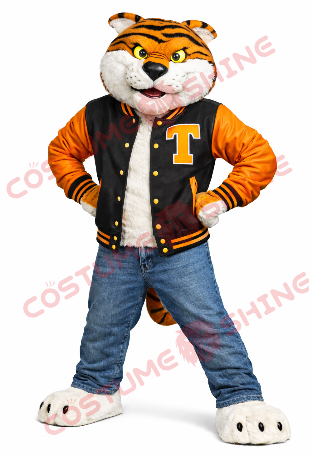 Adult Tiger Mascot Costume with Varsity Jacket & Jeans