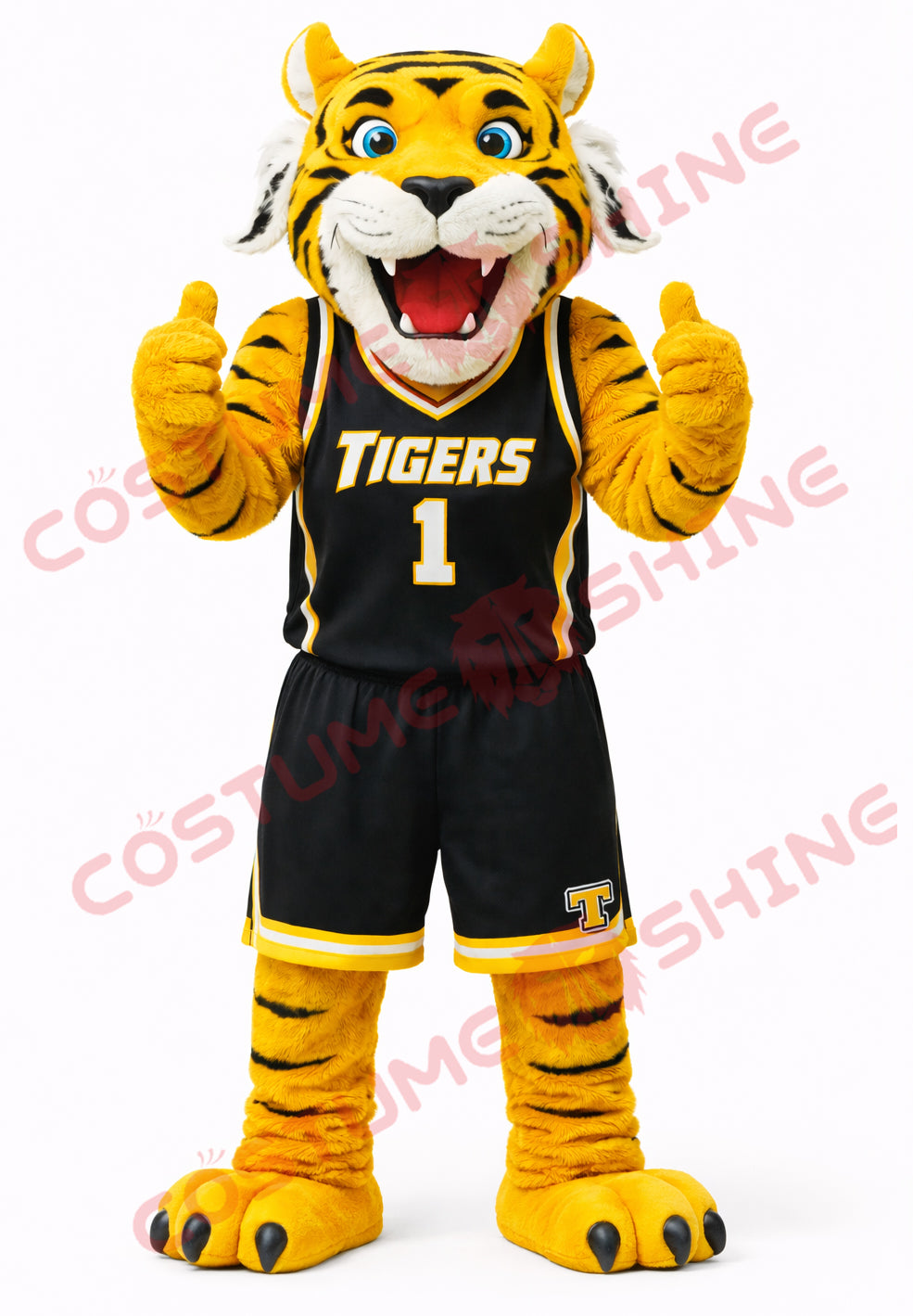 Adult Tiger Mascot Costume in Black & Yellow Basketball Uniform