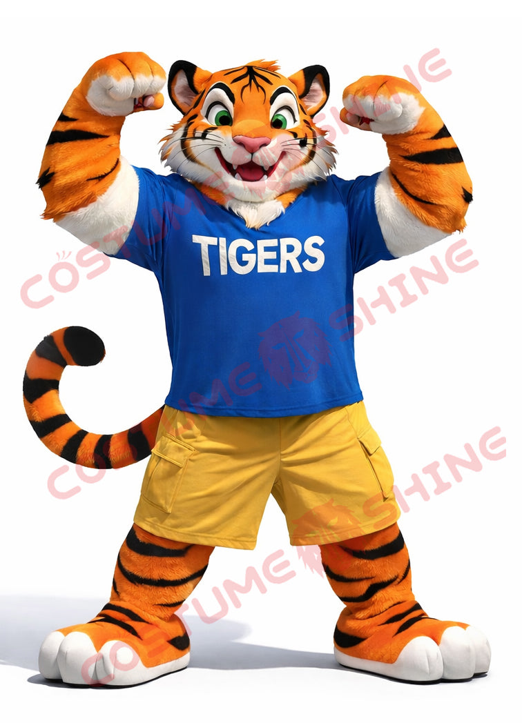 Adult Tiger Mascot Costume with Blue T-Shirt and Yellow Shorts