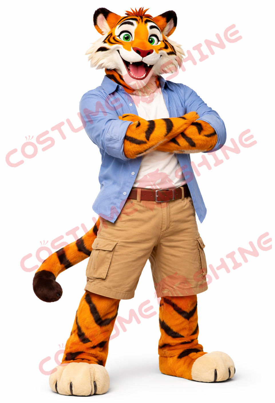 Friendly Tiger Mascot Costume Adult – Casual Shirt & Shorts Style