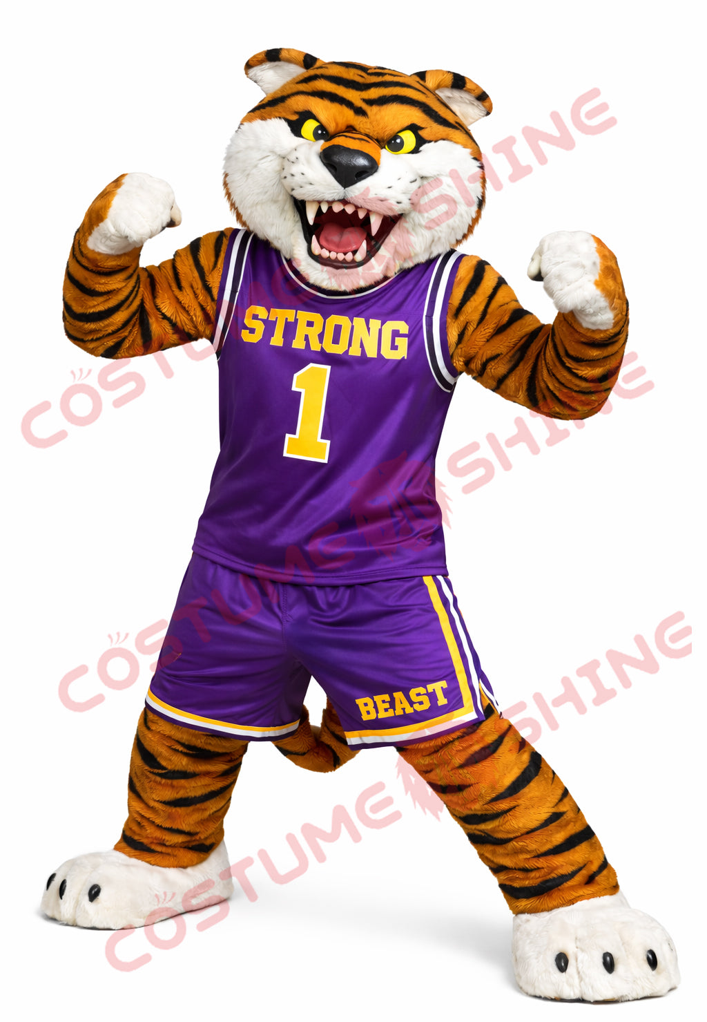Adult Tiger Mascot Costume Purple Basketball Uniform