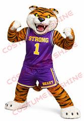 Adult Tiger Mascot Costume Purple Basketball Uniform