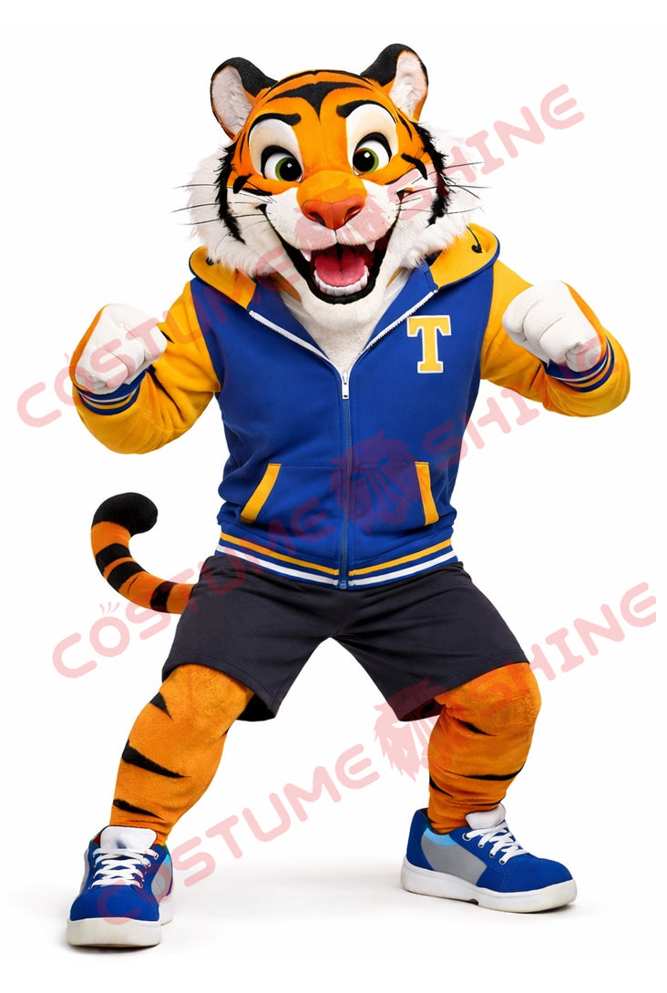 Adult Tiger Mascot Costume Blue Yellow Sport Hoodie Style