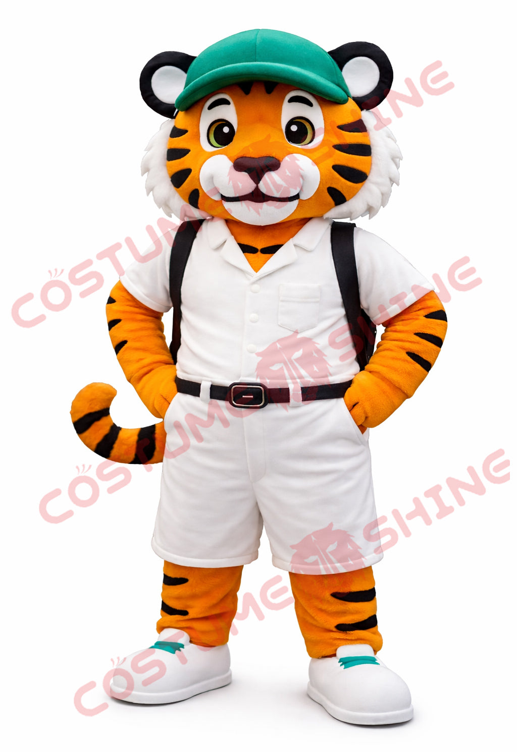 Adult Tiger Mascot Costume – White Outfit with Green Cap