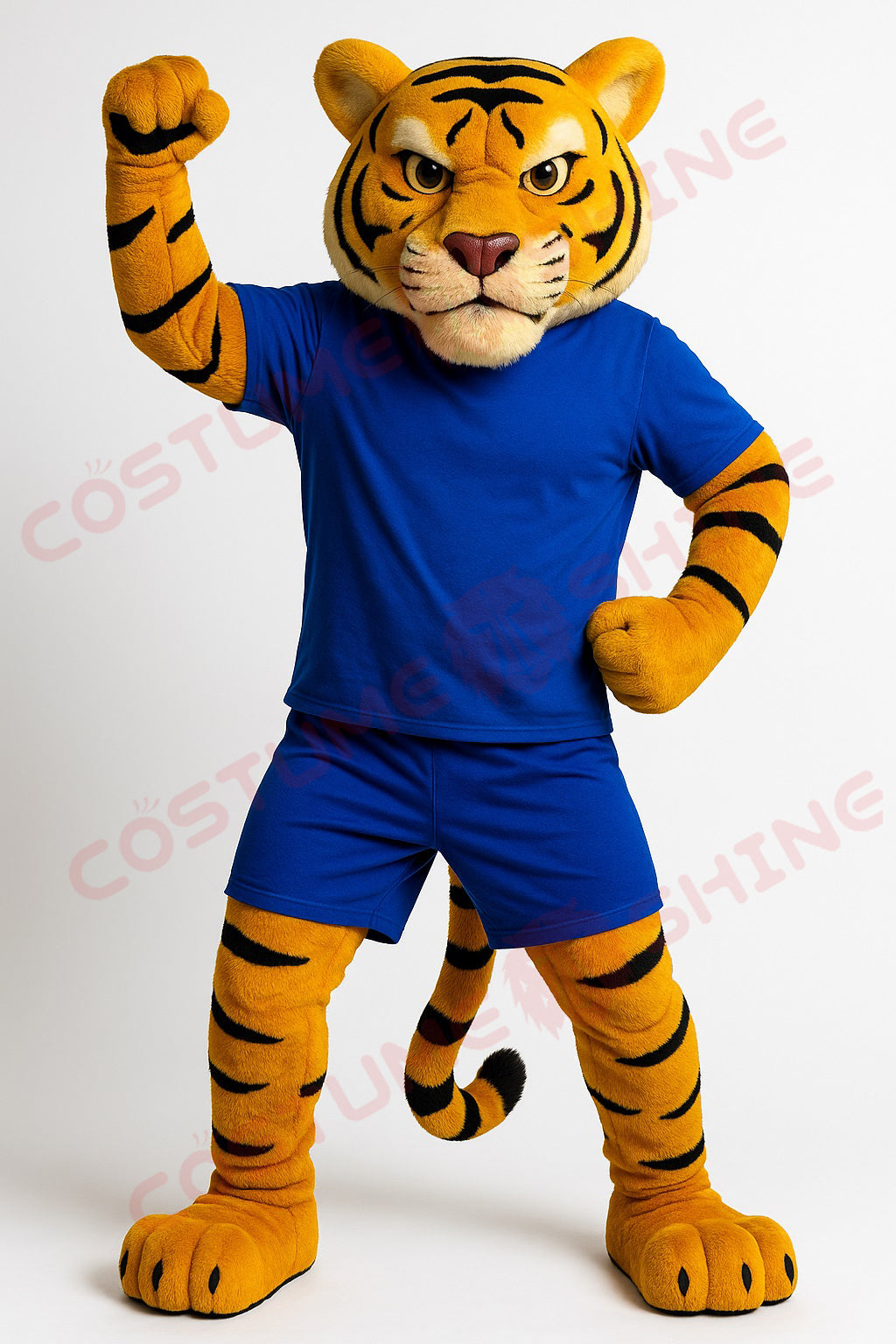 Fierce Tiger Mascot Costume Character Dressed in Blue T-Shirt and Shorts
