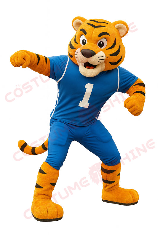 Tiger Mascot Costume in Blue Sports Uniform – Custom Plush School Team Mascot Suit for Events