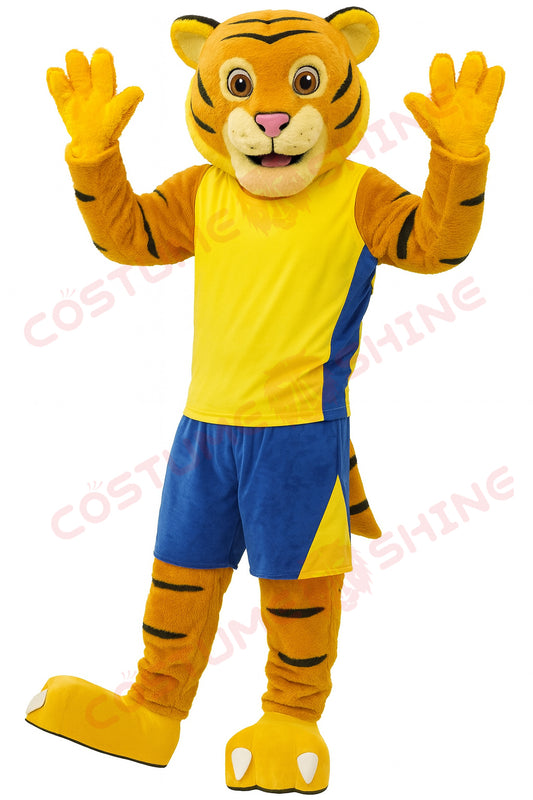 Tiger Mascot Costume for Adults in Yellow and Blue Sports Outfit