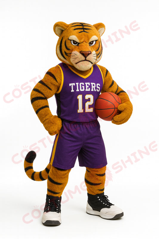 Tiger Mascot Costume in Purple Basketball Uniform – Custom Plush Sports Team Suit for School Events