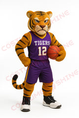 Tiger Mascot Costume in Purple Basketball Uniform – Custom Plush Sports Team Suit for School Events