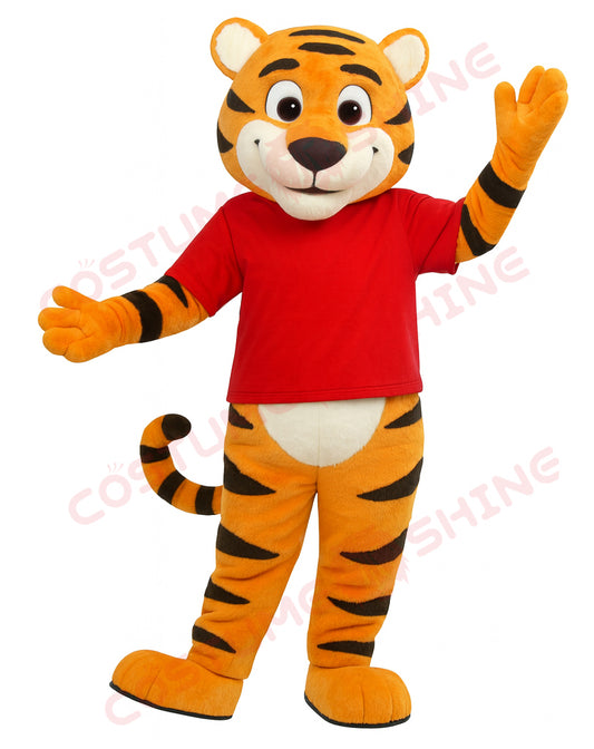 Tiger Mascot Costume with Red Shirt – Custom Plush School Sports Team Mascot Suit for Events