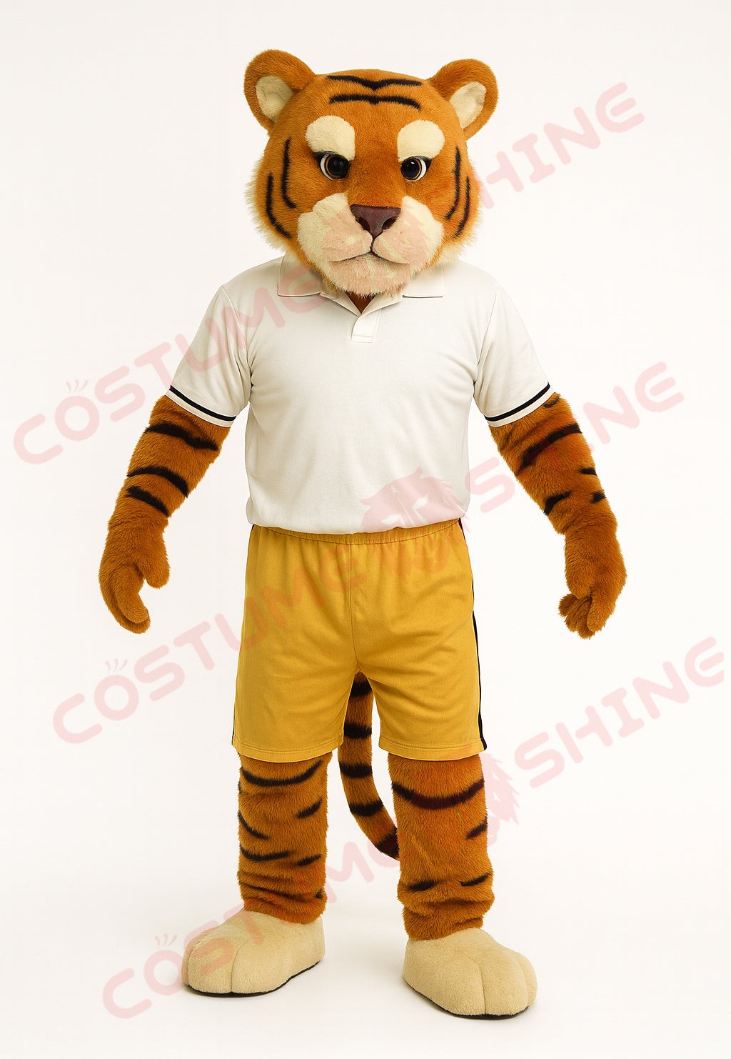 Tiger Mascot Costume in White Shirt & Yellow Shorts – Custom Plush Suit for School Teams