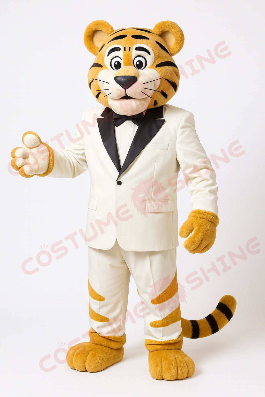 Custom Tiger Mascot Costume in White Tuxedo – Elegant Plush Suit for Events, Schools & Performances