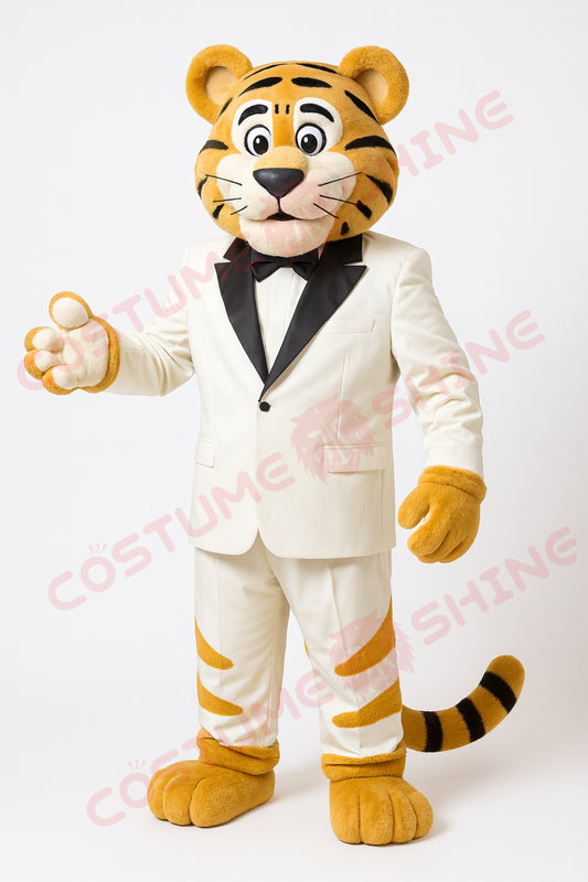 Custom Tiger Mascot Costume in White Tuxedo – Elegant Plush Suit for Events, Schools & Performances